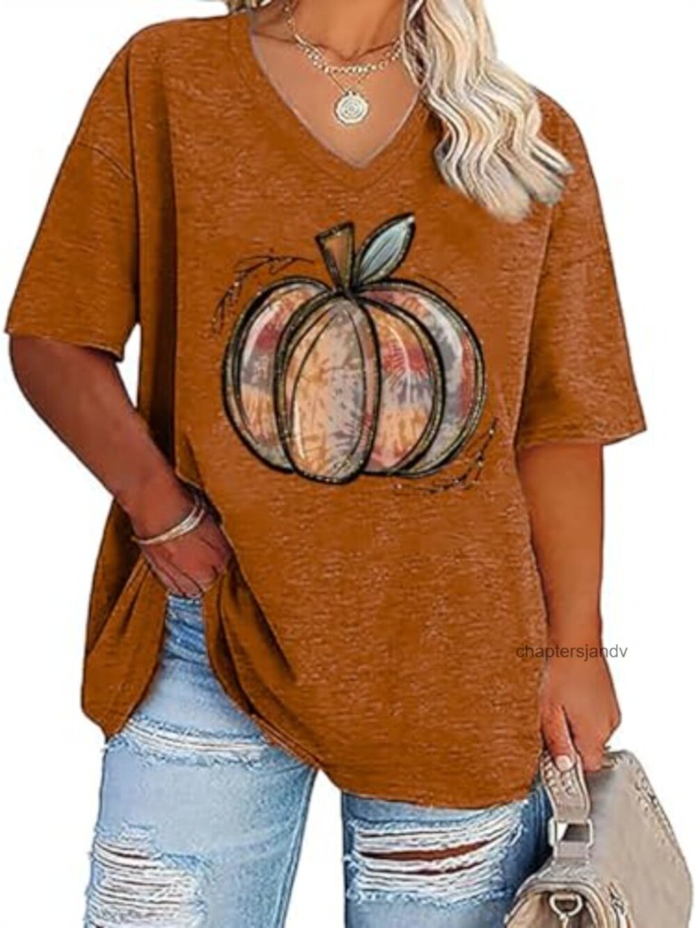 Plus Size V Neck Pumpkin Graphic T-Shirt Retro Halloween Fall Tunic